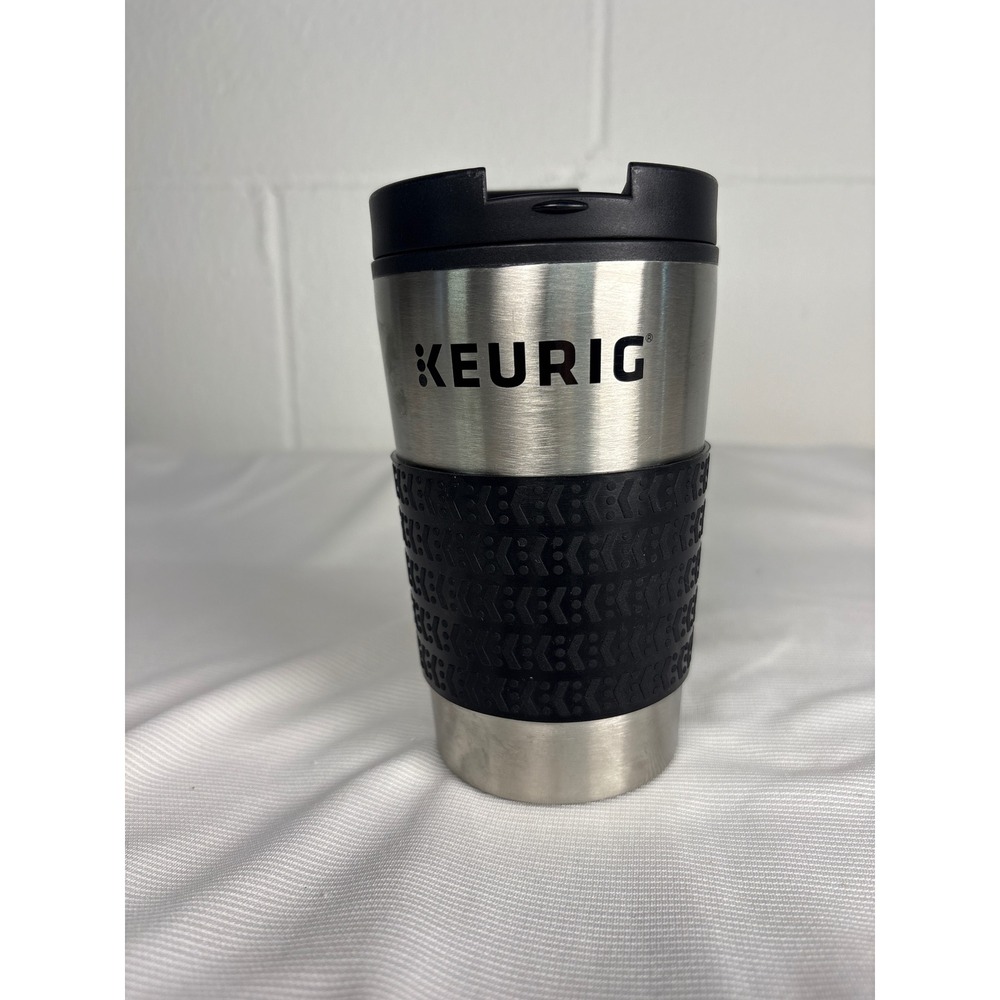 Keurig Stainless Steel Travel Mug Insulated Tumbler Black Silicone Grip 12oz